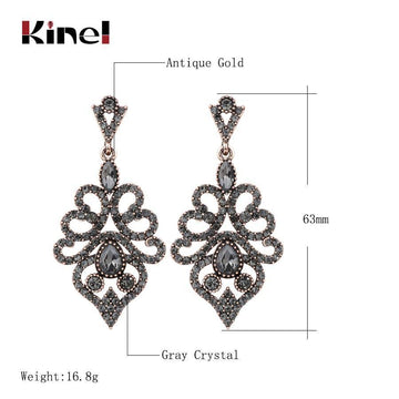 Boho Antique Gold Vintage Grey Crystal Flower Ethnic Drop Earrings - The Jewellery Supermarket
